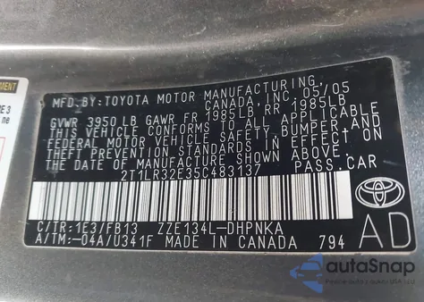 2005 Toyota Matrix Xr from USA, damaged, VIN 2T1LR32E35C483137